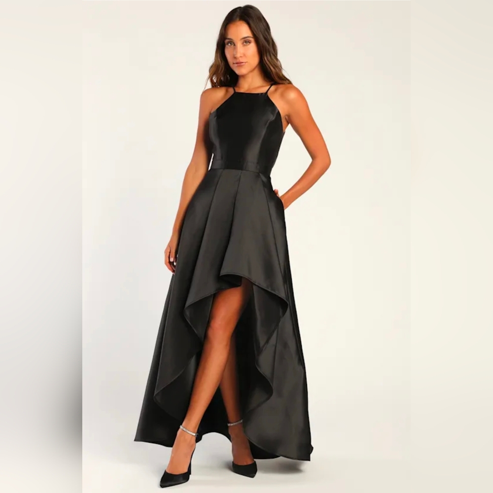 Lulu's Black Halter High-Low Satin Dress